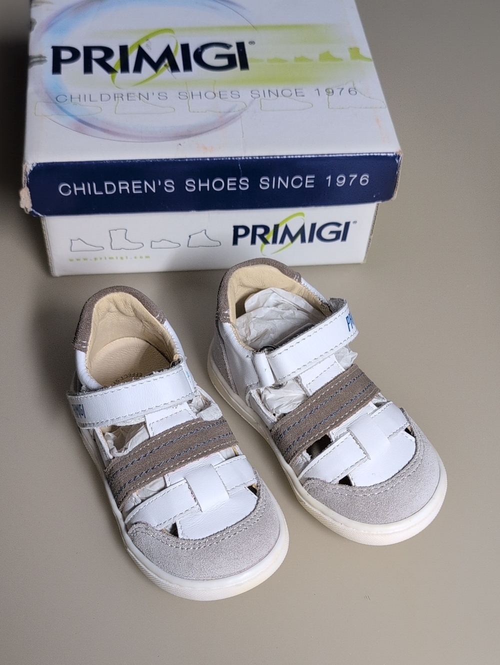 Primigi White and Taupe Hook-and-Loop Baby Boy Sandals